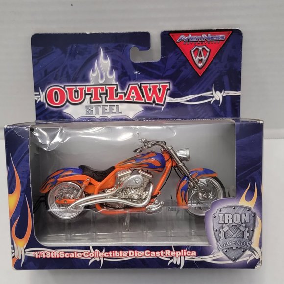 New Outlaw Steel Iron Legends Orange Blue w Flame Motorcycle DieCast Metal 1:18 - Picture 1 of 15